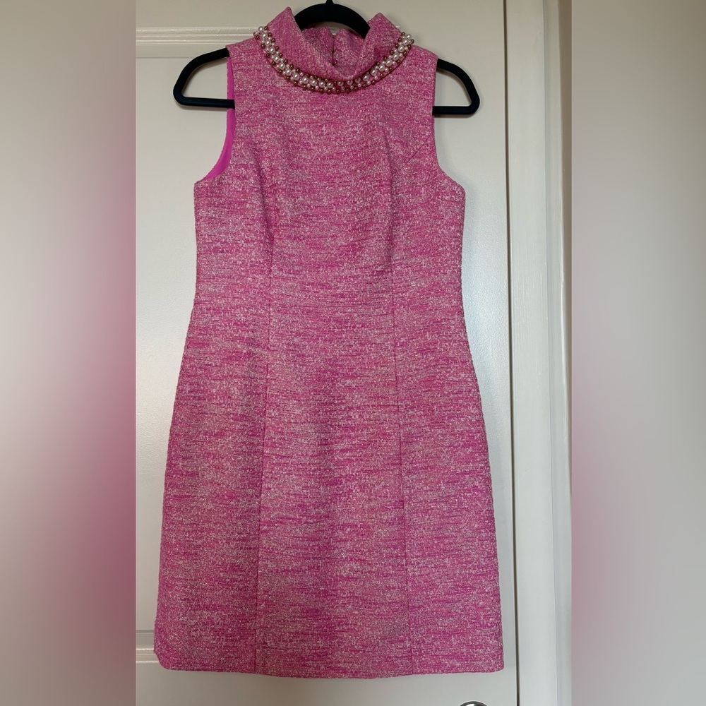 Lilly Pulitzer Pink Boucle Portia Shift Dress with Embellished Collar Size 2